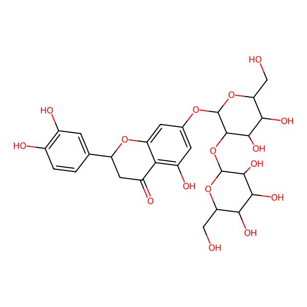 2D Structure of (2S)-7-[(2S,3R,4S,5R,6R)-4,5-dihydroxy-6-(hydroxymethyl)-3-[(2S,3R,4S,5R,6R)-3,4,5-trihydroxy-6-(hydroxymethyl)oxan-2-yl]oxyoxan-2-yl]oxy-2-(3,4-dihydroxyphenyl)-5-hydroxy-2,3-dihydrochromen-4-one