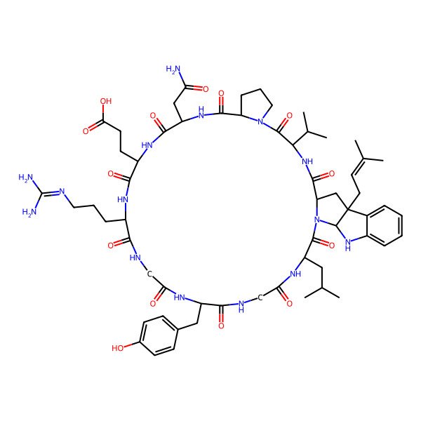 2D Structure of 3-[(1S,4S,10S,13S,16S,19S,25S,31S,34S,42S)-13-(2-amino-2-oxoethyl)-19-[3-(diaminomethylideneamino)propyl]-25-[(4-hydroxyphenyl)methyl]-42-(3-methylbut-2-enyl)-31-(2-methylpropyl)-2,5,11,14,17,20,23,26,29,32-decaoxo-4-propan-2-yl-3,6,12,15,18,21,24,27,30,33,35-undecazapentacyclo[31.10.0.06,10.034,42.036,41]tritetraconta-36,38,40-trien-16-yl]propanoic acid