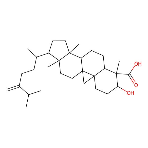 2D Structure of 6-Hydroxy-7,12,16-trimethyl-15-(6-methyl-5-methylideneheptan-2-yl)pentacyclo[9.7.0.01,3.03,8.012,16]octadecane-7-carboxylic acid