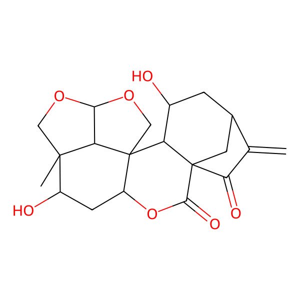 2D Structure of (1S,2S,3R,5S,8S,11S,13S,14R,17S,20R)-3,13-dihydroxy-14-methyl-6-methylidene-10,16,18-trioxahexacyclo[12.5.1.15,8.01,11.02,8.017,20]henicosane-7,9-dione