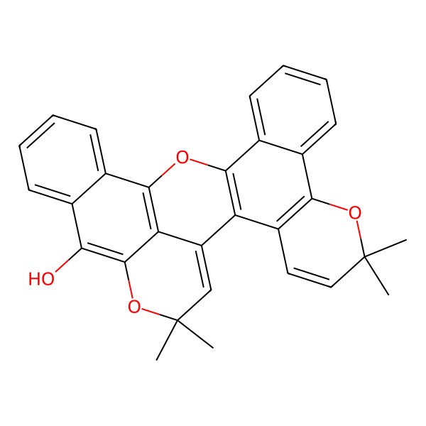 2D Structure of 6,6,27,27-Tetramethyl-7,16,26-trioxaheptacyclo[15.11.1.02,15.03,8.09,14.018,23.025,29]nonacosa-1(28),2(15),3(8),4,9,11,13,17(29),18,20,22,24-dodecaen-24-ol
