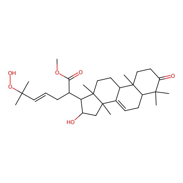 2D Structure of Methyl 6-hydroperoxy-2-(16-hydroxy-4,4,10,13,14-pentamethyl-3-oxo-1,2,5,6,9,11,12,15,16,17-decahydrocyclopenta[a]phenanthren-17-yl)-6-methylhept-4-enoate