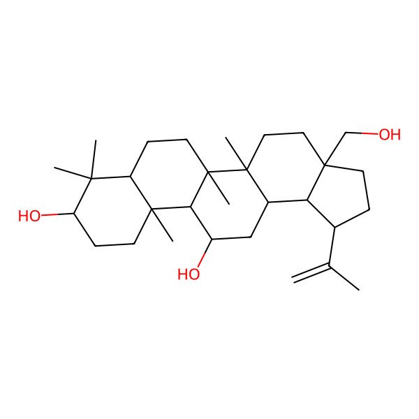 2D Structure of 3a-(Hydroxymethyl)-5a,5b,8,8,11a-pentamethyl-1-prop-1-en-2-yl-1,2,3,4,5,6,7,7a,9,10,11,11b,12,13,13a,13b-hexadecahydrocyclopenta[a]chrysene-9,12-diol