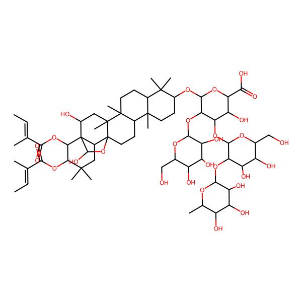 2D Structure of (2S,3S,4S,5R,6R)-6-[[(1R,2S,4S,5S,8S,10R,13S,14S,17S,18R,21R,22R,23S)-2,23-dihydroxy-4,5,9,9,13,20,20-heptamethyl-21,22-bis[[(Z)-2-methylbut-2-enoyl]oxy]-24-oxahexacyclo[15.5.2.01,18.04,17.05,14.08,13]tetracosan-10-yl]oxy]-4-[(2R,3S,4R,5R,6S)-4,5-dihydroxy-6-(hydroxymethyl)-3-[(2R,3S,4R,5R,6S)-3,4,5-trihydroxy-6-methyloxan-2-yl]oxyoxan-2-yl]oxy-3-hydroxy-5-[(2R,3S,4R,5R,6S)-3,4,5-trihydroxy-6-(hydroxymethyl)oxan-2-yl]oxyoxane-2-carboxylic acid
