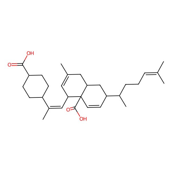 2D Structure of 5-[2-(4-carboxycyclohexyl)prop-1-enyl]-7-methyl-2-(6-methylhept-5-en-2-yl)-2,5,8,8a-tetrahydro-1H-naphthalene-4a-carboxylic acid