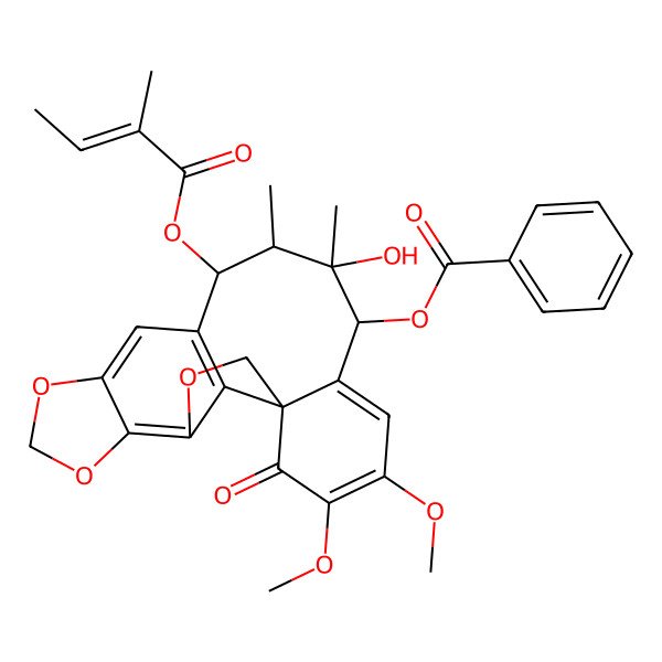 2D Structure of [(1S,12S,13S,14S,15R)-14-hydroxy-18,19-dimethoxy-13,14-dimethyl-12-[(Z)-2-methylbut-2-enoyl]oxy-20-oxo-3,6,8-trioxapentacyclo[9.9.1.01,16.04,21.05,9]henicosa-4(21),5(9),10,16,18-pentaen-15-yl] benzoate