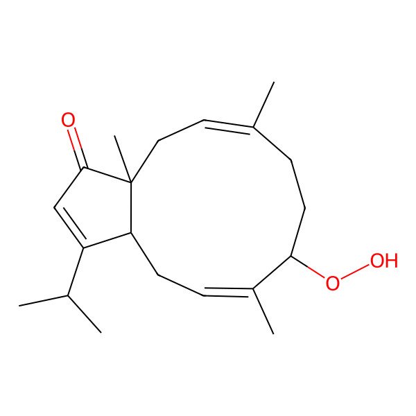 2D Structure of (3aS,5Z,9R,10E,12aR)-9-hydroperoxy-3a,6,10-trimethyl-1-propan-2-yl-4,7,8,9,12,12a-hexahydrocyclopenta[11]annulen-3-one