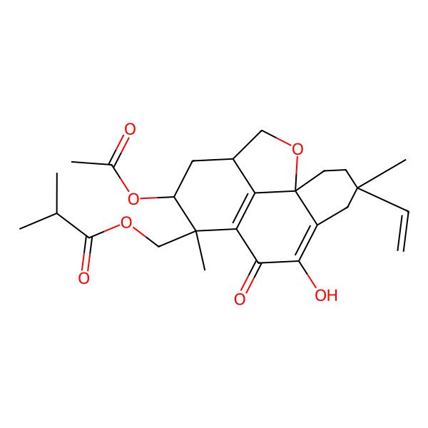 2D Structure of (11-Acetyloxy-4-ethenyl-7-hydroxy-4,10-dimethyl-8-oxo-15-oxatetracyclo[7.6.1.01,6.013,16]hexadeca-6,9(16)-dien-10-yl)methyl 2-methylpropanoate