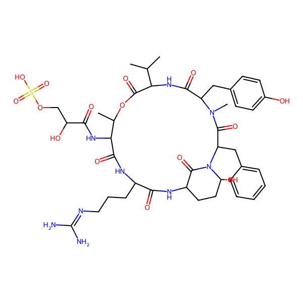 2D Structure of [(2R)-3-[[(2S,5S,8S,11R,12S,15S,18S,21R)-2-benzyl-15-[3-(diaminomethylideneamino)propyl]-21-hydroxy-5-[(4-hydroxyphenyl)methyl]-4,11-dimethyl-3,6,9,13,16,22-hexaoxo-8-propan-2-yl-10-oxa-1,4,7,14,17-pentazabicyclo[16.3.1]docosan-12-yl]amino]-2-hydroxy-3-oxopropyl] hydrogen sulfate