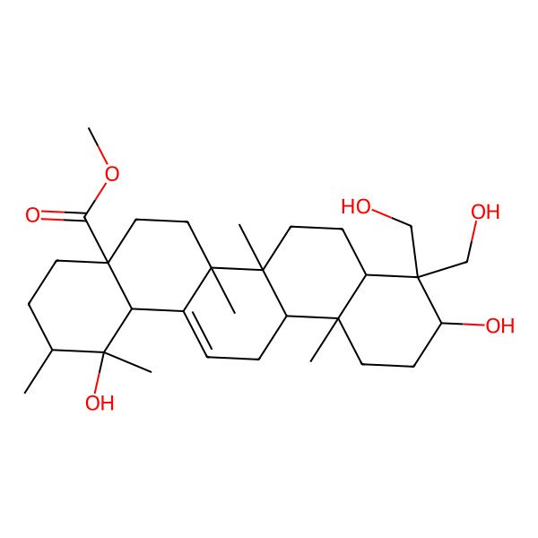 2D Structure of methyl (1R,2R,4aS,6aS,6bR,10S,12aR)-1,10-dihydroxy-9,9-bis(hydroxymethyl)-1,2,6a,6b,12a-pentamethyl-2,3,4,5,6,6a,7,8,8a,10,11,12,13,14b-tetradecahydropicene-4a-carboxylate
