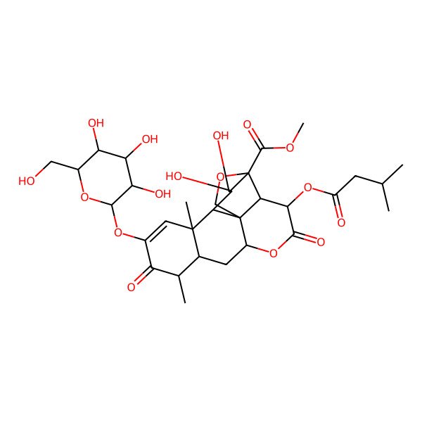 2D Structure of Methyl 15,16-dihydroxy-9,13-dimethyl-3-(3-methylbutanoyloxy)-4,10-dioxo-11-[3,4,5-trihydroxy-6-(hydroxymethyl)oxan-2-yl]oxy-5,18-dioxapentacyclo[12.5.0.01,6.02,17.08,13]nonadec-11-ene-17-carboxylate