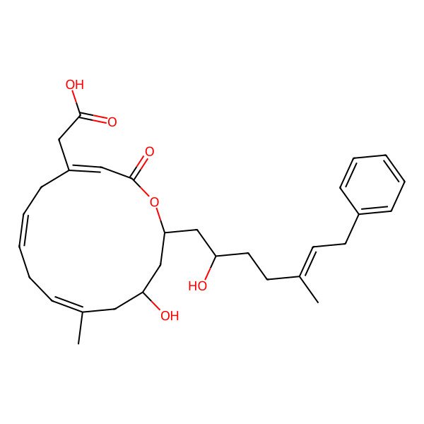 2D Structure of 2-[12-Hydroxy-14-(2-hydroxy-5-methyl-7-phenylhept-5-enyl)-10-methyl-2-oxo-1-oxacyclotetradeca-3,6,9-trien-4-yl]acetic acid
