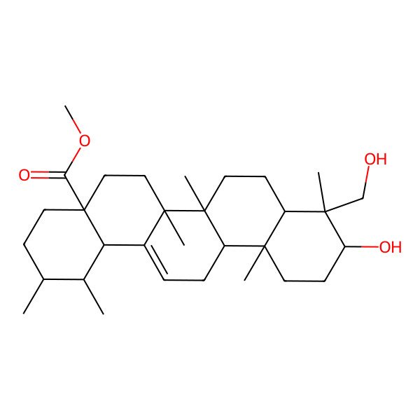 2D Structure of methyl 10-hydroxy-9-(hydroxymethyl)-1,2,6a,6b,9,12a-hexamethyl-2,3,4,5,6,6a,7,8,8a,10,11,12,13,14b-tetradecahydro-1H-picene-4a-carboxylate