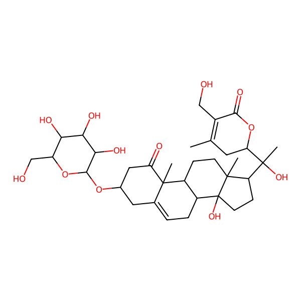 2D Structure of (2R)-2-[(1R)-1-hydroxy-1-[(3R,8R,9S,10R,13R,14R,17S)-14-hydroxy-10,13-dimethyl-1-oxo-3-[(2R,3R,4S,5S,6R)-3,4,5-trihydroxy-6-(hydroxymethyl)oxan-2-yl]oxy-3,4,7,8,9,11,12,15,16,17-decahydro-2H-cyclopenta[a]phenanthren-17-yl]ethyl]-5-(hydroxymethyl)-4-methyl-2,3-dihydropyran-6-one