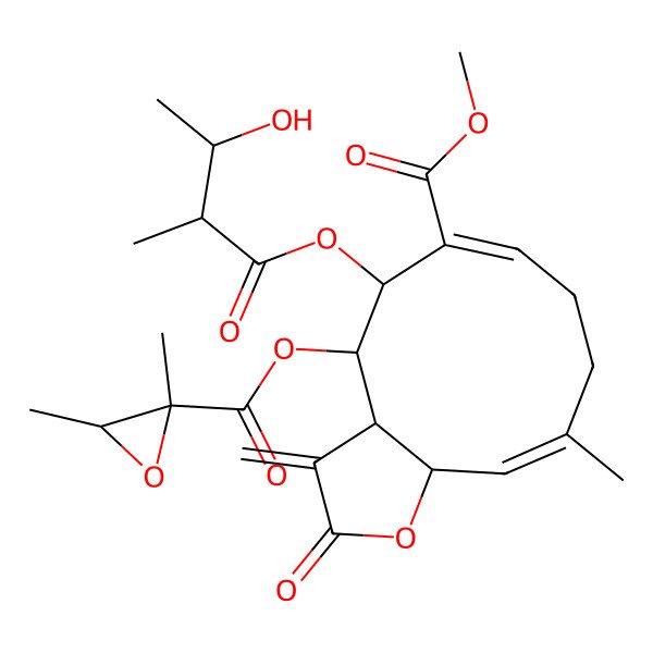 2D Structure of methyl (3aS,4S,5S,6E,10Z,11aR)-4-[(2S,3R)-2,3-dimethyloxirane-2-carbonyl]oxy-5-[(2R,3S)-3-hydroxy-2-methylbutanoyl]oxy-10-methyl-3-methylidene-2-oxo-3a,4,5,8,9,11a-hexahydrocyclodeca[b]furan-6-carboxylate