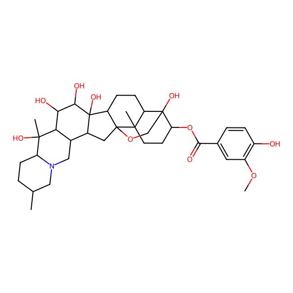 2D Structure of (1,10,24,26,27-Pentahydroxy-6,20,24-trimethyl-12-oxa-18-azaheptacyclo[13.12.0.02,13.05,10.06,13.016,25.018,23]heptacosan-9-yl) 4-hydroxy-3-methoxybenzoate