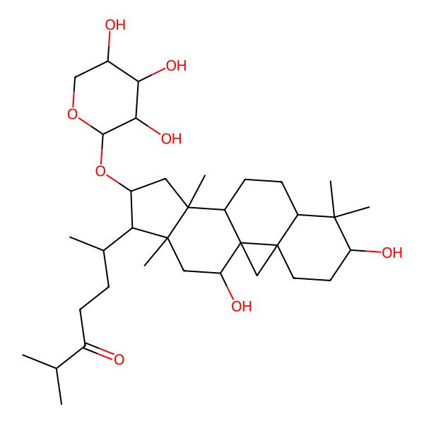 2D Structure of (6R)-6-[(1S,3S,6S,8R,11S,12S,14S,15R,16R,18R)-6,18-dihydroxy-7,7,12,16-tetramethyl-14-[(2S,3R,4S,5S)-3,4,5-trihydroxyoxan-2-yl]oxy-15-pentacyclo[9.7.0.01,3.03,8.012,16]octadecanyl]-2-methylheptan-3-one