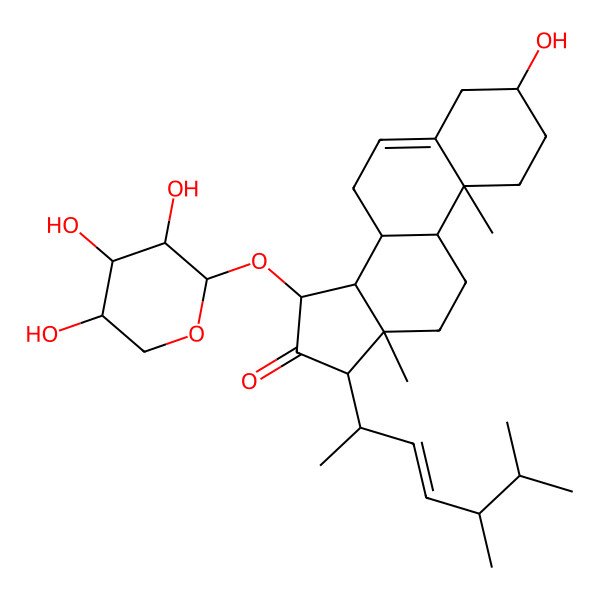 2D Structure of 17-(5,6-Dimethylhept-3-en-2-yl)-3-hydroxy-10,13-dimethyl-15-(3,4,5-trihydroxyoxan-2-yl)oxy-1,2,3,4,7,8,9,11,12,14,15,17-dodecahydrocyclopenta[a]phenanthren-16-one