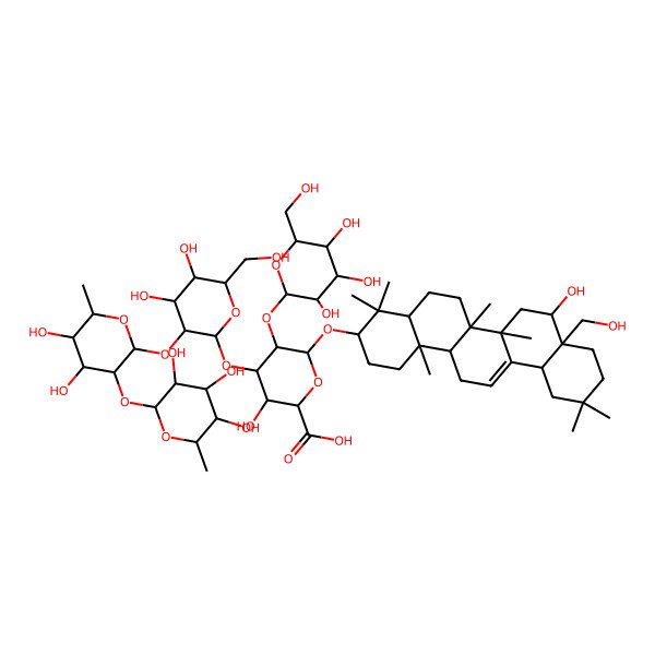 2D Structure of (2S,3S,4S,5R,6R)-6-[[(3S,4aR,6aR,6bS,8R,8aS,12aS,14aR,14bR)-8-hydroxy-8a-(hydroxymethyl)-4,4,6a,6b,11,11,14b-heptamethyl-1,2,3,4a,5,6,7,8,9,10,12,12a,14,14a-tetradecahydropicen-3-yl]oxy]-4-[(2S,3R,4S,5R,6R)-3-[(2R,3R,4R,5R,6S)-4,5-dihydroxy-6-methyl-3-[(2R,3R,4R,5R,6S)-3,4,5-trihydroxy-6-methyloxan-2-yl]oxyoxan-2-yl]oxy-4,5-dihydroxy-6-(hydroxymethyl)oxan-2-yl]oxy-3-hydroxy-5-[(2S,3R,4S,5S,6R)-3,4,5-trihydroxy-6-(hydroxymethyl)oxan-2-yl]oxyoxane-2-carboxylic acid