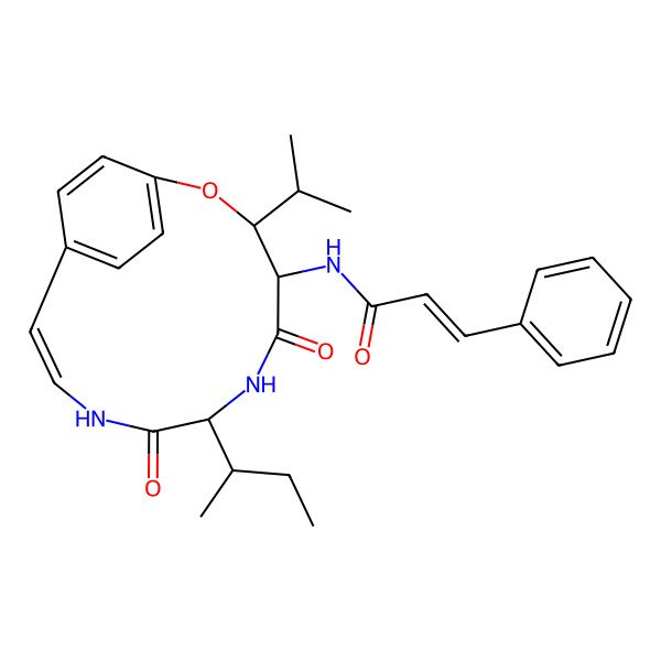 2D Structure of (E)-N-[(3R,4R,7R,10E)-7-[(2S)-butan-2-yl]-5,8-dioxo-3-propan-2-yl-2-oxa-6,9-diazabicyclo[10.2.2]hexadeca-1(14),10,12,15-tetraen-4-yl]-3-phenylprop-2-enamide