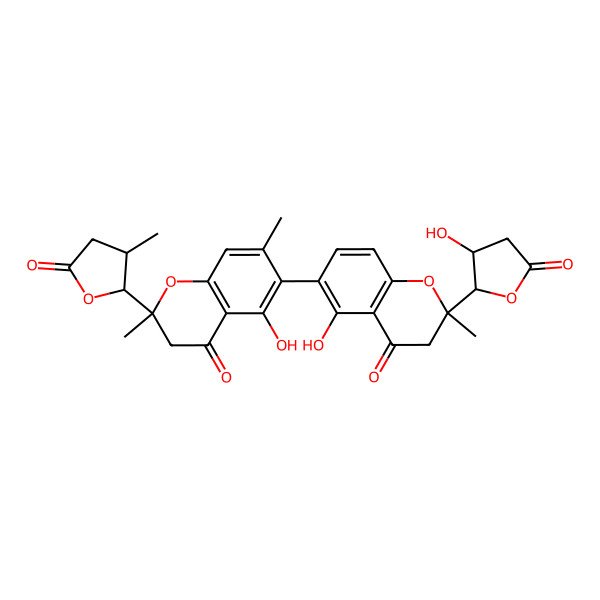 2D Structure of (2S)-5-hydroxy-6-[(2S)-5-hydroxy-2-[(2R,3R)-3-hydroxy-5-oxooxolan-2-yl]-2-methyl-4-oxo-3H-chromen-6-yl]-2,7-dimethyl-2-[(2R,3R)-3-methyl-5-oxooxolan-2-yl]-3H-chromen-4-one