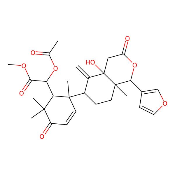 2D Structure of methyl 2-acetyloxy-2-[2-[1-(furan-3-yl)-4a-hydroxy-8a-methyl-5-methylidene-3-oxo-4,6,7,8-tetrahydro-1H-isochromen-6-yl]-2,6,6-trimethyl-5-oxocyclohex-3-en-1-yl]acetate
