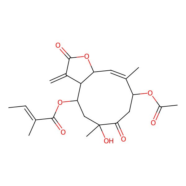 2D Structure of [(3aR,4R,6S,9R,10E,11aS)-9-acetyloxy-6-hydroxy-6,10-dimethyl-3-methylidene-2,7-dioxo-3a,4,5,8,9,11a-hexahydrocyclodeca[b]furan-4-yl] (Z)-2-methylbut-2-enoate