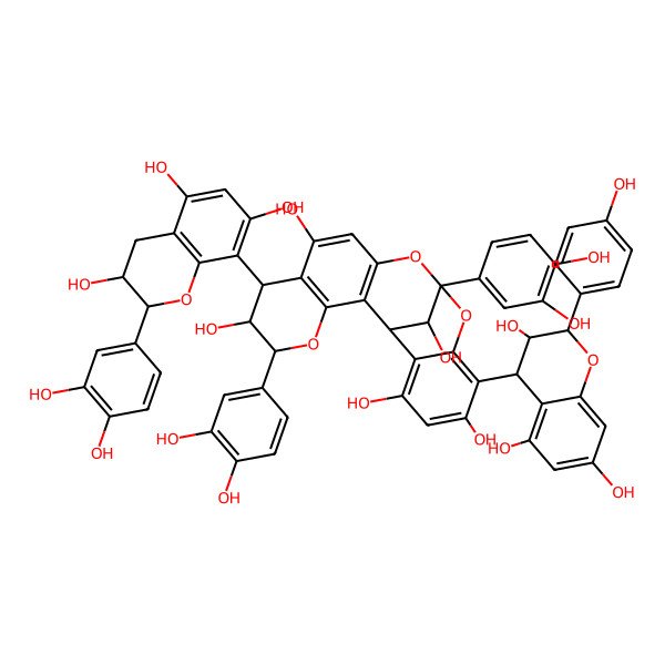 2D Structure of (1R,5R,6R,7S,13R,21R)-5,13-bis(3,4-dihydroxyphenyl)-7-[(2R,3R)-2-(3,4-dihydroxyphenyl)-3,5,7-trihydroxy-3,4-dihydro-2H-chromen-8-yl]-16-[(2R,3R,4R)-3,5,7-trihydroxy-2-(4-hydroxyphenyl)-3,4-dihydro-2H-chromen-4-yl]-4,12,14-trioxapentacyclo[11.7.1.02,11.03,8.015,20]henicosa-2(11),3(8),9,15,17,19-hexaene-6,9,17,19,21-pentol