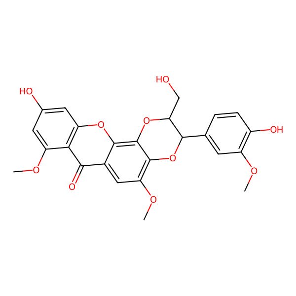 2D Structure of (2R,3R)-10-hydroxy-3-(4-hydroxy-3-methoxyphenyl)-2-(hydroxymethyl)-5,8-dimethoxy-2,3-dihydro-[1,4]dioxino[2,3-c]xanthen-7-one