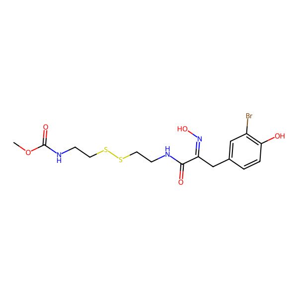 2D Structure of methyl N-[2-[2-[[3-(3-bromo-4-hydroxyphenyl)-2-hydroxyiminopropanoyl]amino]ethyldisulfanyl]ethyl]carbamate