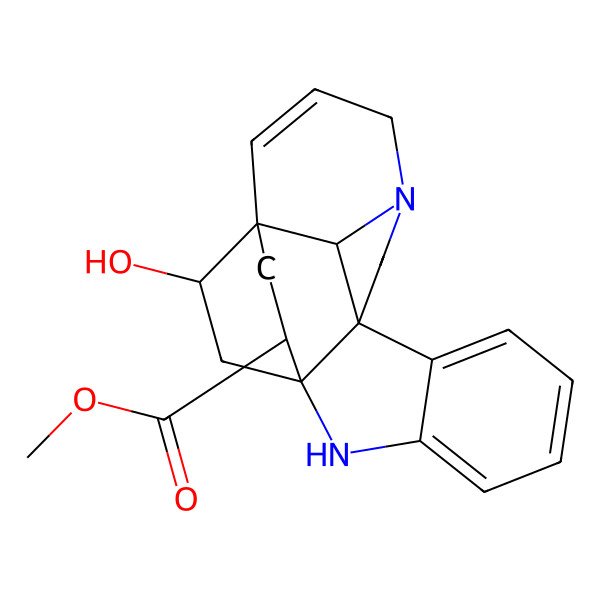 2D Structure of methyl (1R,9R,16S,18S,20S,21R)-20-hydroxy-2,12-diazahexacyclo[14.2.2.19,12.01,9.03,8.016,21]henicosa-3,5,7,14-tetraene-18-carboxylate