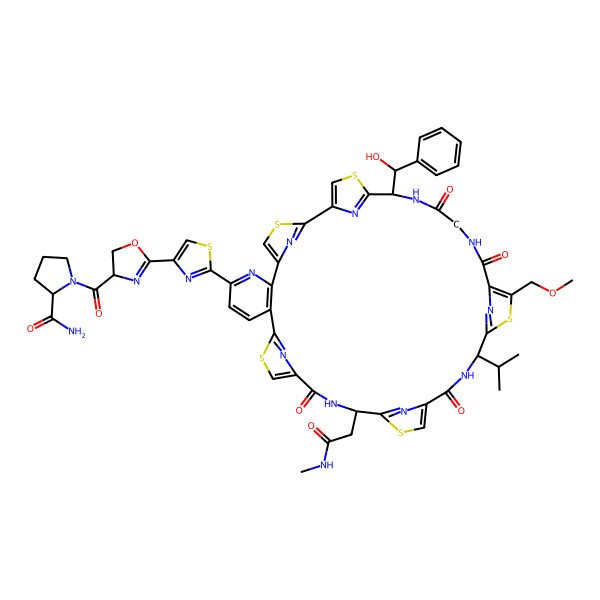 2D Structure of 1-[2-[2-[35-[Hydroxy(phenyl)methyl]-28-(methoxymethyl)-18-[2-(methylamino)-2-oxoethyl]-16,23,30,33-tetraoxo-25-propan-2-yl-3,13,20,27,37-pentathia-7,17,24,31,34,39,40,41,42,43-decazaheptacyclo[34.2.1.12,5.112,15.119,22.126,29.06,11]tritetraconta-1(38),2(43),4,6(11),7,9,12(42),14,19(41),21,26(40),28,36(39)-tridecaen-8-yl]-1,3-thiazol-4-yl]-4,5-dihydro-1,3-oxazole-4-carbonyl]pyrrolidine-2-carboxamide