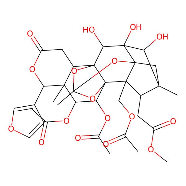 2D Structure of methyl 2-[(1R,2R,6S,7R,8R,9R,10R,12R,14R,15S,16S,17R,18S,19S,20R)-8,9-diacetyloxy-15-(acetyloxymethyl)-6-(furan-3-yl)-18,19,20-trihydroxy-7,12,17-trimethyl-4-oxo-5,11,13,21-tetraoxaheptacyclo[10.8.1.114,17.01,10.02,7.010,15.014,19]docosan-16-yl]acetate
