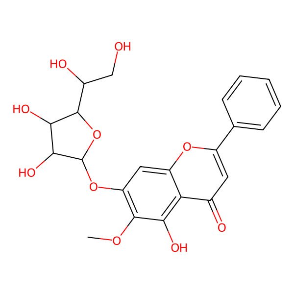 2D Structure of 7-[(2S,3R,4R,5R)-5-[(1R)-1,2-dihydroxyethyl]-3,4-dihydroxyoxolan-2-yl]oxy-5-hydroxy-6-methoxy-2-phenylchromen-4-one