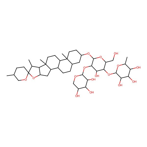 2D Structure of 2-[4-Hydroxy-2-(hydroxymethyl)-6-(5',7,9,13-tetramethylspiro[5-oxapentacyclo[10.8.0.02,9.04,8.013,18]icosane-6,2'-oxane]-16-yl)oxy-5-(3,4,5-trihydroxyoxan-2-yl)oxyoxan-3-yl]oxy-6-methyloxane-3,4,5-triol