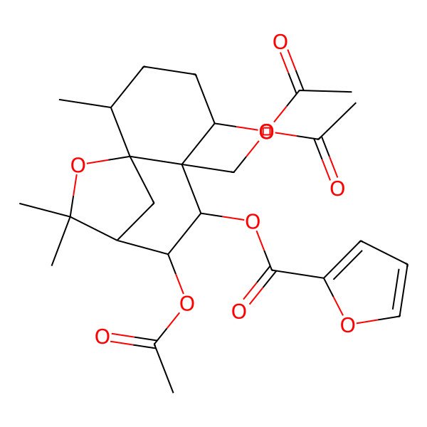 2D Structure of [5,8-Diacetyloxy-6-(acetyloxymethyl)-2,10,10-trimethyl-11-oxatricyclo[7.2.1.01,6]dodecan-7-yl] furan-2-carboxylate