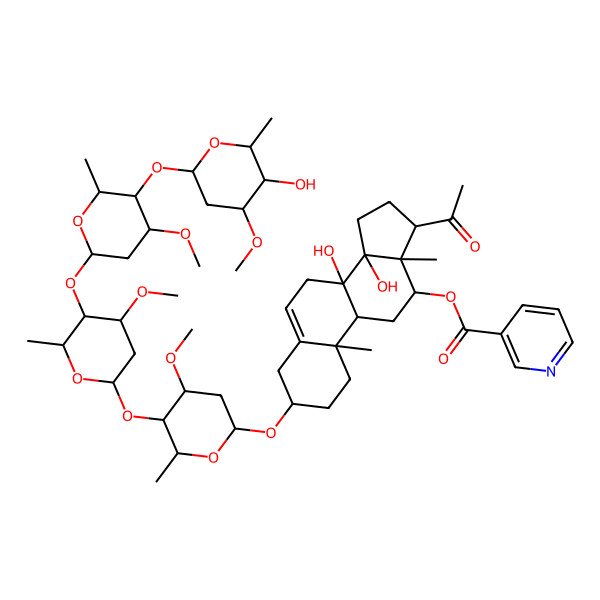 2D Structure of [(3S,8S,9R,10R,12R,13S,14R,17R)-17-acetyl-8,14-dihydroxy-3-[(2R,4S,5R,6R)-5-[(2S,4S,5R,6R)-5-[(2S,4R,5R,6R)-5-[(2S,4S,5R,6R)-5-hydroxy-4-methoxy-6-methyloxan-2-yl]oxy-4-methoxy-6-methyloxan-2-yl]oxy-4-methoxy-6-methyloxan-2-yl]oxy-4-methoxy-6-methyloxan-2-yl]oxy-10,13-dimethyl-2,3,4,7,9,11,12,15,16,17-decahydro-1H-cyclopenta[a]phenanthren-12-yl] pyridine-3-carboxylate