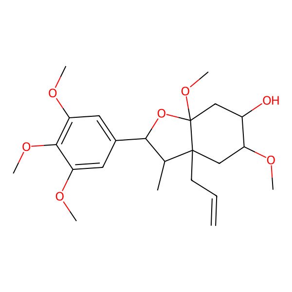 2D Structure of (2R,3S,3aR,5R,6S,7aS)-5,7a-dimethoxy-3-methyl-3a-prop-2-enyl-2-(3,4,5-trimethoxyphenyl)-2,3,4,5,6,7-hexahydro-1-benzofuran-6-ol