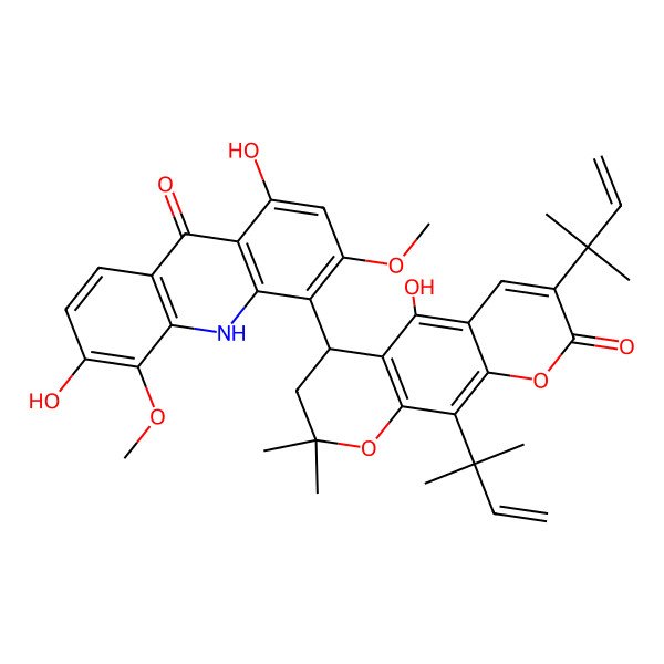 2D Structure of 1,6-dihydroxy-4-[(4S)-5-hydroxy-2,2-dimethyl-7,10-bis(2-methylbut-3-en-2-yl)-8-oxo-3,4-dihydropyrano[3,2-g]chromen-4-yl]-3,5-dimethoxy-10H-acridin-9-one