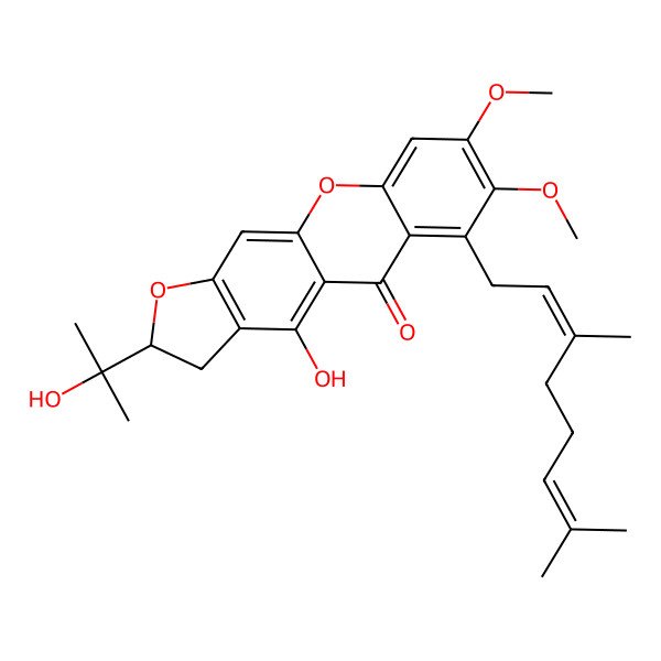 2D Structure of 6-[(2E)-3,7-dimethylocta-2,6-dienyl]-4-hydroxy-2-(2-hydroxypropan-2-yl)-7,8-dimethoxy-2,3-dihydrofuro[3,2-b]xanthen-5-one