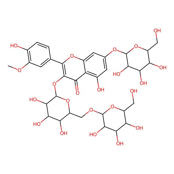2D Structure of 5-hydroxy-2-(4-hydroxy-3-methoxyphenyl)-7-[(2S,3R,4S,5S,6R)-3,4,5-trihydroxy-6-(hydroxymethyl)oxan-2-yl]oxy-3-[(2S,3R,4S,5S,6R)-3,4,5-trihydroxy-6-[[(2S,3R,4S,5S,6R)-3,4,5-trihydroxy-6-(hydroxymethyl)oxan-2-yl]oxymethyl]oxan-2-yl]oxychromen-4-one