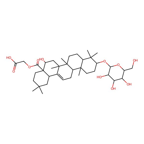 2D Structure of 2-[(4aR,5R,6aR,6aS,6bR,8aR,10S,12aR,14bS)-5-hydroxy-2,2,6a,6b,9,9,12a-heptamethyl-10-[(2R,3R,4S,5S,6R)-3,4,5-trihydroxy-6-(hydroxymethyl)oxan-2-yl]oxy-1,3,4,5,6,6a,7,8,8a,10,11,12,13,14b-tetradecahydropicene-4a-carbonyl]oxyacetic acid