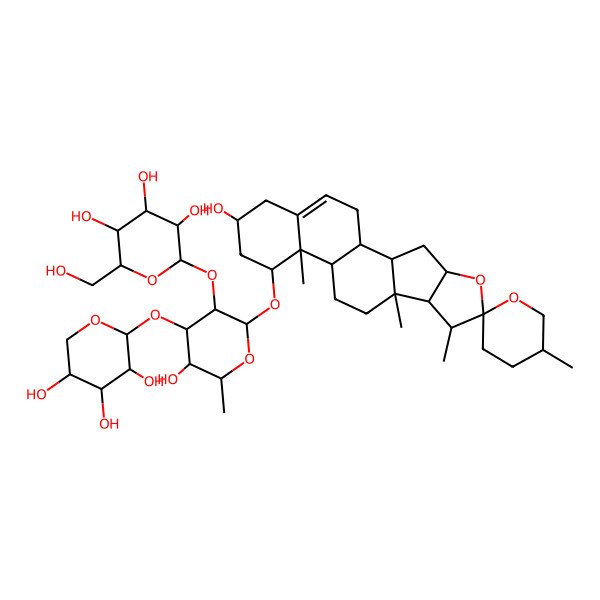 2D Structure of (2S,3R,4S,5S,6R)-2-[(2R,3R,4S,5S,6R)-5-hydroxy-2-[(1R,2S,4R,5'R,6R,7S,8S,9S,12S,13R,14R,16R)-16-hydroxy-5',7,9,13-tetramethylspiro[5-oxapentacyclo[10.8.0.02,9.04,8.013,18]icos-18-ene-6,2'-oxane]-14-yl]oxy-6-methyl-4-[(2S,3R,4S,5R)-3,4,5-trihydroxyoxan-2-yl]oxyoxan-3-yl]oxy-6-(hydroxymethyl)oxane-3,4,5-triol