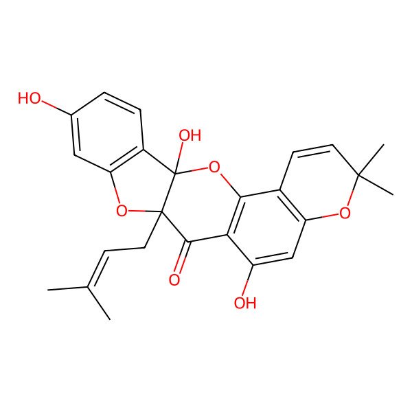 2D Structure of 3,7,14-Trihydroxy-18,18-dimethyl-11-(3-methylbut-2-enyl)-2,10,17-trioxapentacyclo[11.8.0.03,11.04,9.016,21]henicosa-1(13),4(9),5,7,14,16(21),19-heptaen-12-one