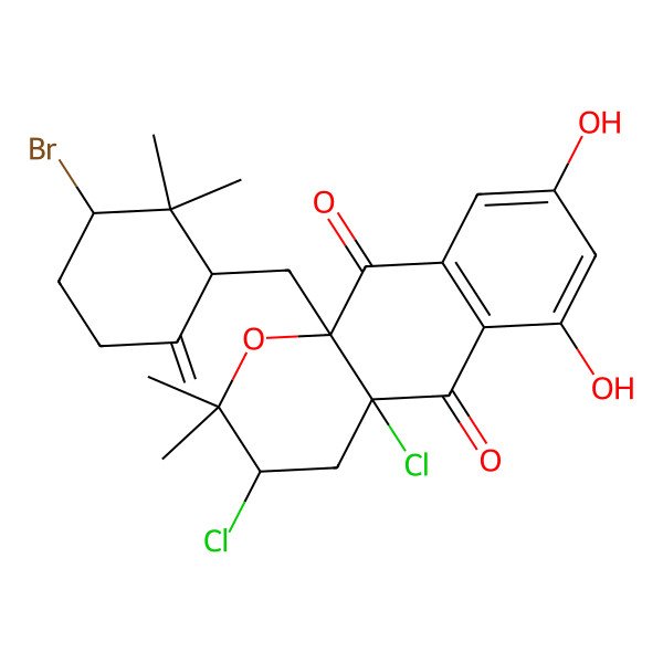 2D Structure of 10a-[(3-Bromo-2,2-dimethyl-6-methylidenecyclohexyl)methyl]-3,4a-dichloro-6,8-dihydroxy-2,2-dimethyl-3,4-dihydrobenzo[g]chromene-5,10-dione