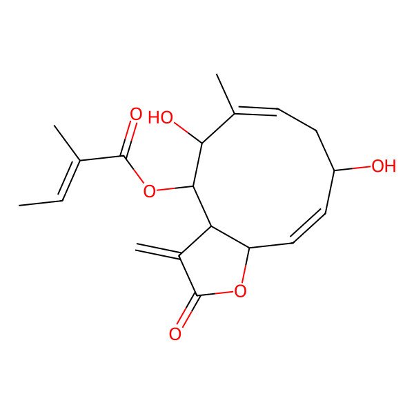 2D Structure of [(3aS,4S,5S,9R,11aR)-5,9-dihydroxy-6-methyl-3-methylidene-2-oxo-3a,4,5,8,9,11a-hexahydrocyclodeca[b]furan-4-yl] 2-methylbut-2-enoate