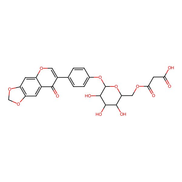 2D Structure of 3-oxo-3-[[(2R,3S,4S,5R,6S)-3,4,5-trihydroxy-6-[4-(8-oxo-[1,3]dioxolo[4,5-g]chromen-7-yl)phenoxy]oxan-2-yl]methoxy]propanoic acid