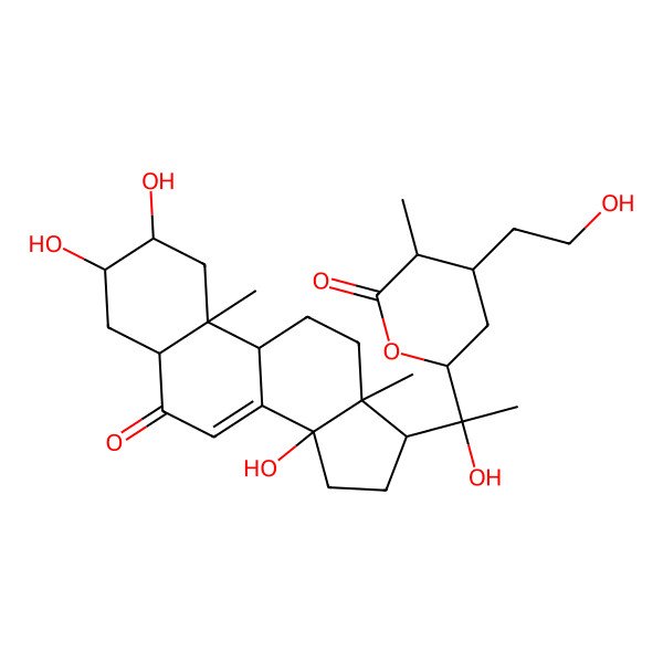 2D Structure of (3R,4S,6R)-4-(2-hydroxyethyl)-6-[(1R)-1-hydroxy-1-[(2S,3R,5R,9R,10R,13R,14S,17S)-2,3,14-trihydroxy-10,13-dimethyl-6-oxo-2,3,4,5,9,11,12,15,16,17-decahydro-1H-cyclopenta[a]phenanthren-17-yl]ethyl]-3-methyloxan-2-one