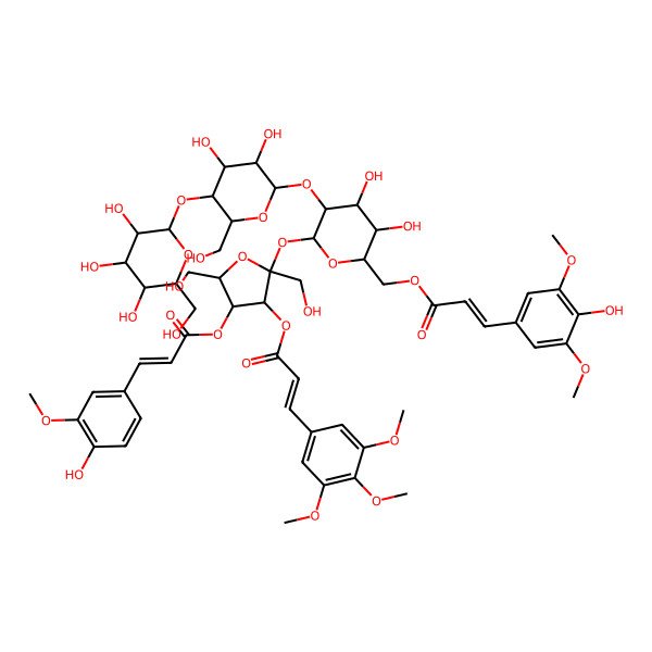 2D Structure of [(2R,3R,4S,5S)-5-[(2R,3R,4S,5S,6R)-3-[(2S,3R,4R,5S,6R)-3,4-dihydroxy-6-(hydroxymethyl)-5-[(2S,3R,4S,5S,6R)-3,4,5-trihydroxy-6-(hydroxymethyl)oxan-2-yl]oxyoxan-2-yl]oxy-4,5-dihydroxy-6-[[(E)-3-(4-hydroxy-3,5-dimethoxyphenyl)prop-2-enoyl]oxymethyl]oxan-2-yl]oxy-2,5-bis(hydroxymethyl)-4-[(E)-3-(3,4,5-trimethoxyphenyl)prop-2-enoyl]oxyoxolan-3-yl] (E)-3-(4-hydroxy-3-methoxyphenyl)prop-2-enoate