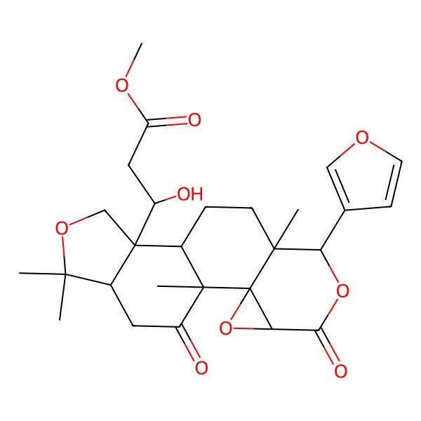 2D Structure of methyl (3S)-3-[(1R,2R,4S,7S,8S,11R,12R,16R)-7-(furan-3-yl)-1,8,15,15-tetramethyl-5,18-dioxo-3,6,14-trioxapentacyclo[9.7.0.02,4.02,8.012,16]octadecan-12-yl]-3-hydroxypropanoate
